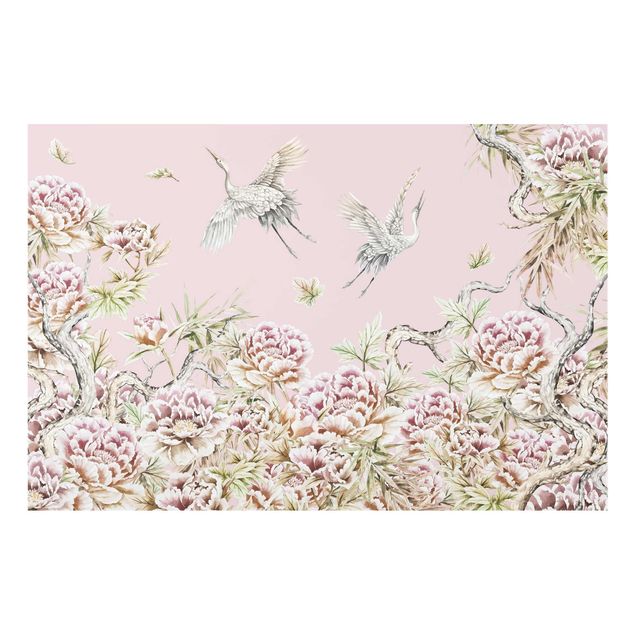 Prints flower Watercolour Storks In Flight With Roses On Pink