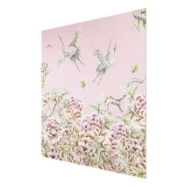 Prints Watercolour Storks In Flight With Roses On Pink