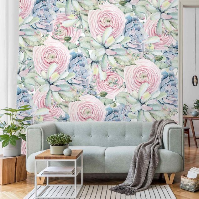 Wallpapers flower Watercolour Succulents And Ranunculus Pattern