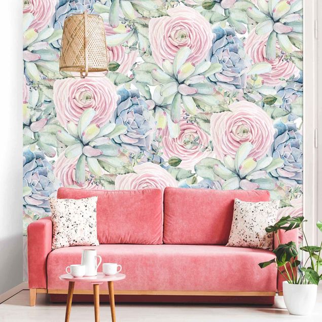Modern wallpaper designs Watercolour Succulents And Ranunculus Pattern