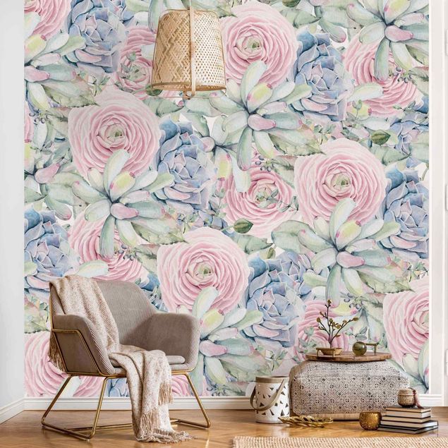 Wallpapers patterns Watercolour Succulents And Ranunculus Pattern