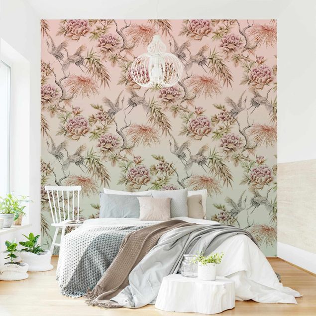 Wallpapers rose Watercolour Birds With Large Flowers In Ombre