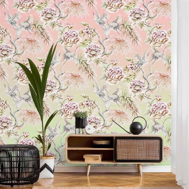 Wallpapers rose Watercolour Birds With Large Flowers And Ombre