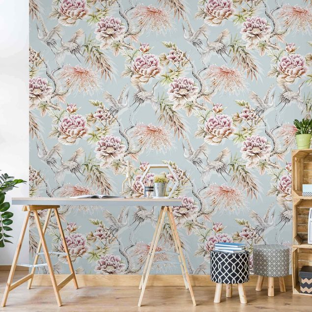 Floral wallpaper Watercolour Birds With Large Flowers In Front Of Blue