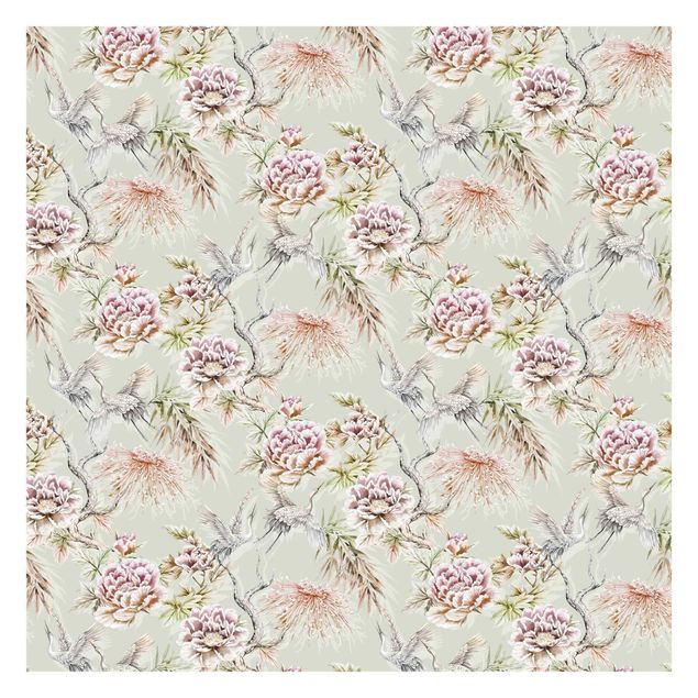 Modern wallpaper designs Watercolour Birds With Large Flowers In Front Of Mint