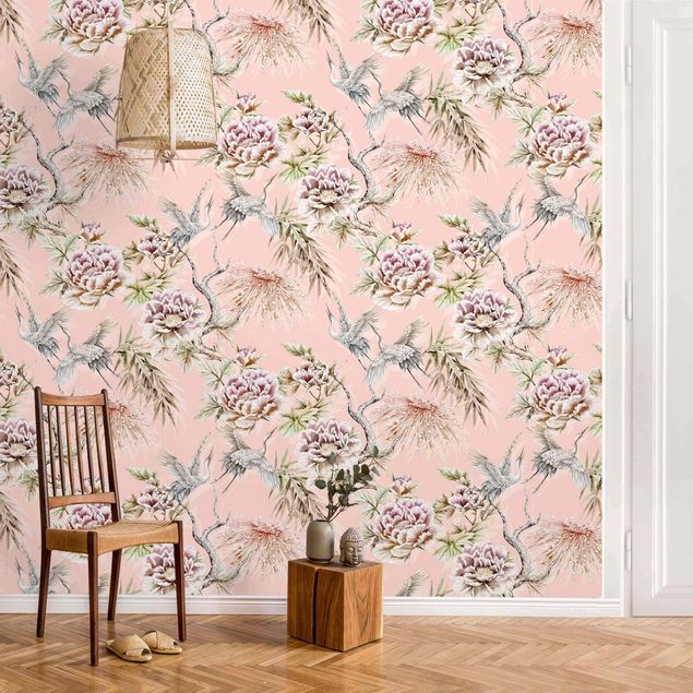 Wallpapers rose Watercolour Birds With Large Flowers In Front Of Pink