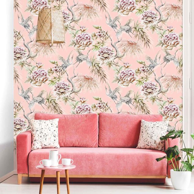 Wallpapers birds Watercolour Birds With Large Flowers In Front Of Pink