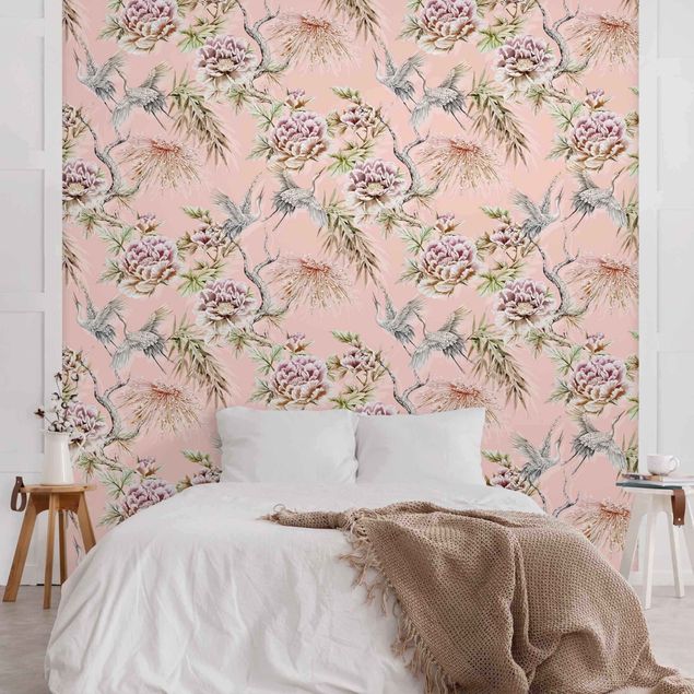 Wallpapers flower Watercolour Birds With Large Flowers In Front Of Pink