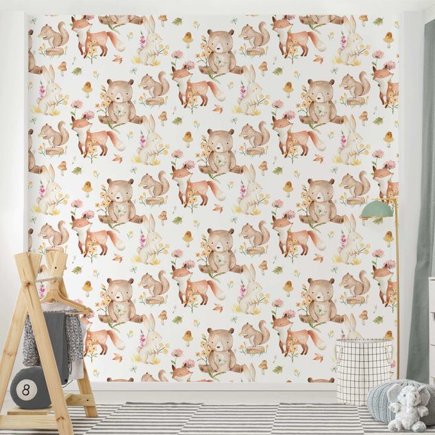 Wallpapers modern Watercolour Forest Animals Bear And Fox