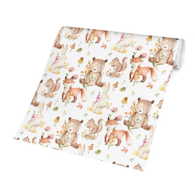 Creme wallpapers Watercolour Forest Animals Bear And Fox