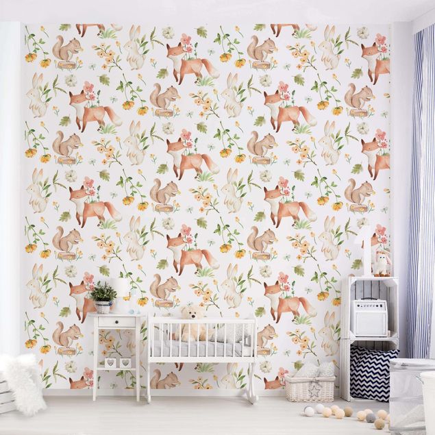 Kids room decor Watercolour Forest Animals Fox And Rabbit