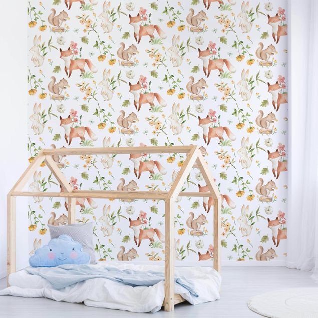 Contemporary wallpaper Watercolour Forest Animals Fox And Rabbit