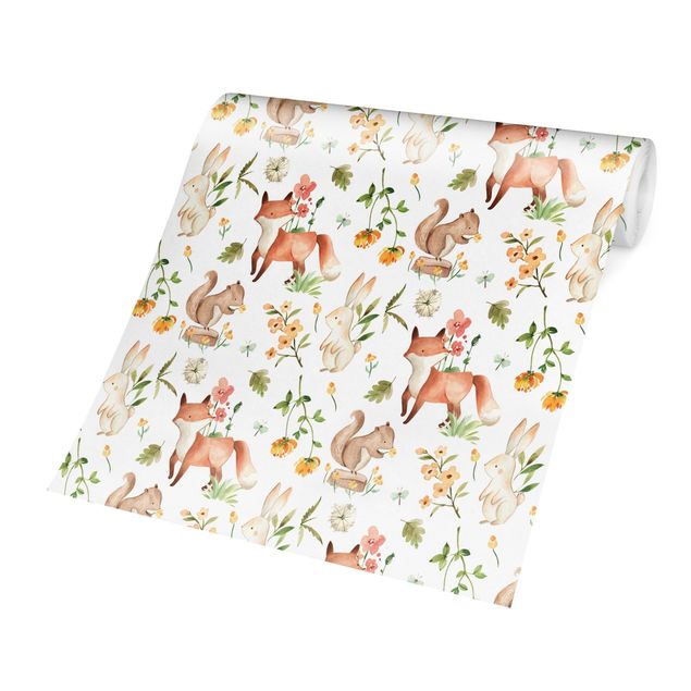 Creme wallpapers Watercolour Forest Animals Fox And Rabbit