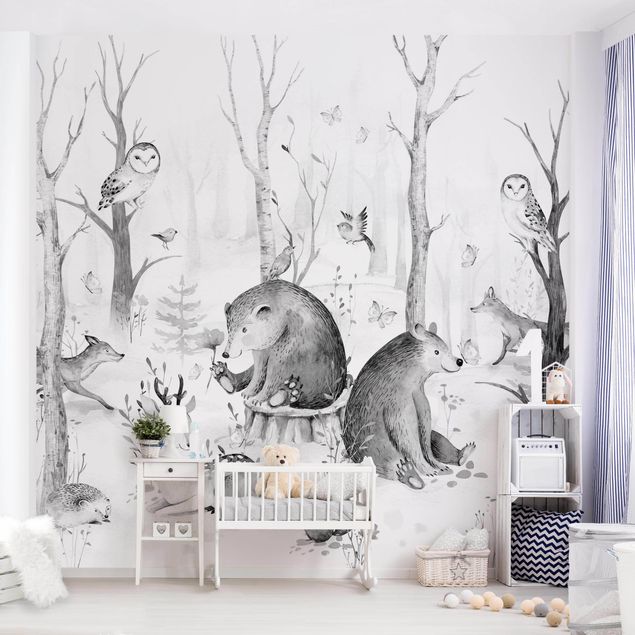 Kids room decor Watercolour Forest Animal Friends Black And White