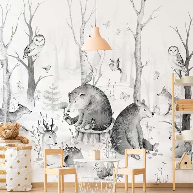 Black white wallpaper Watercolour Forest Animal Friends Black And White
