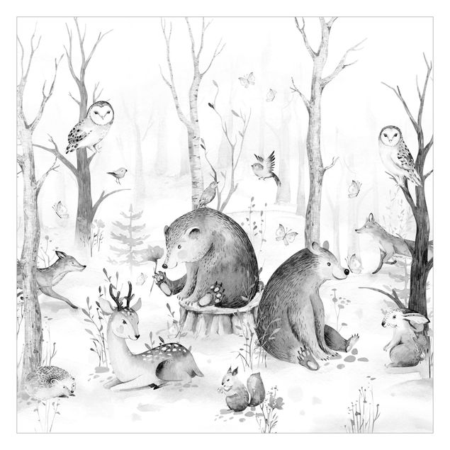 Peel and stick wallpaper Watercolour Forest Animal Friends Black And White