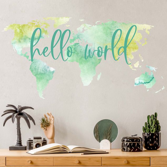 Atlas wall sticker Watercolor world map turquoise with desired text