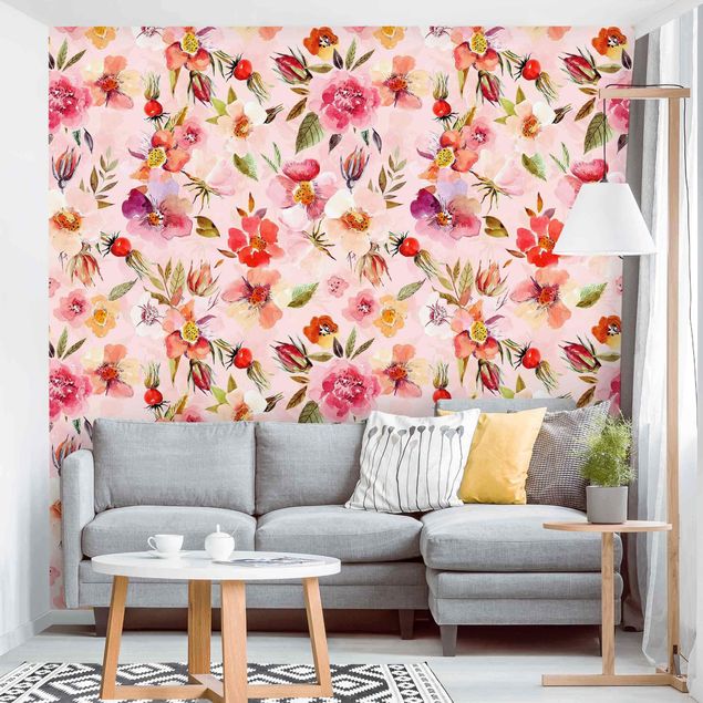 Wallpapers patterns Watercolour Flowers On Light Pink