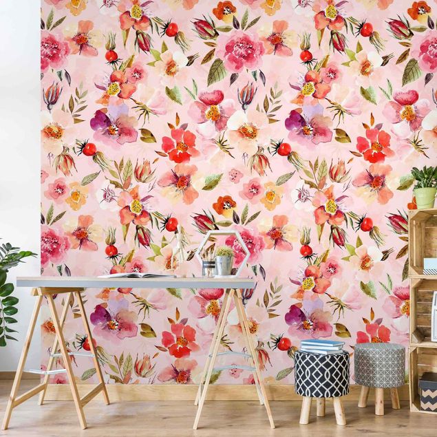 Wallpapers modern Watercolour Flowers On Light Pink