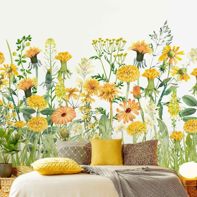 Wallpapers modern Watercolour Flower Meadow In Gelb