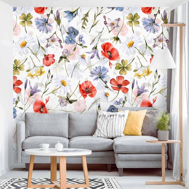 Wallpapers modern Watercolour Poppy With Cloverleaf