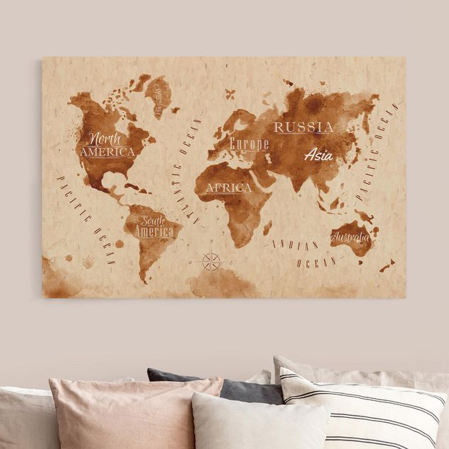 Canvas maps Watercolour Look World Map Beige Brown