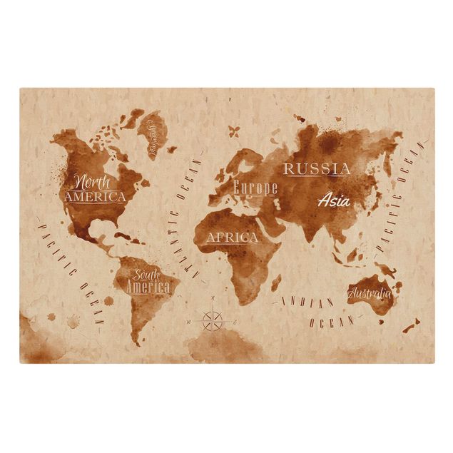 Prints Watercolour Look World Map Beige Brown