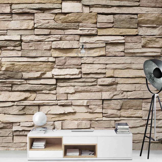 Contemporary wallpaper Asian Stonewall - Stone Wall From Large Light Coloured Stones