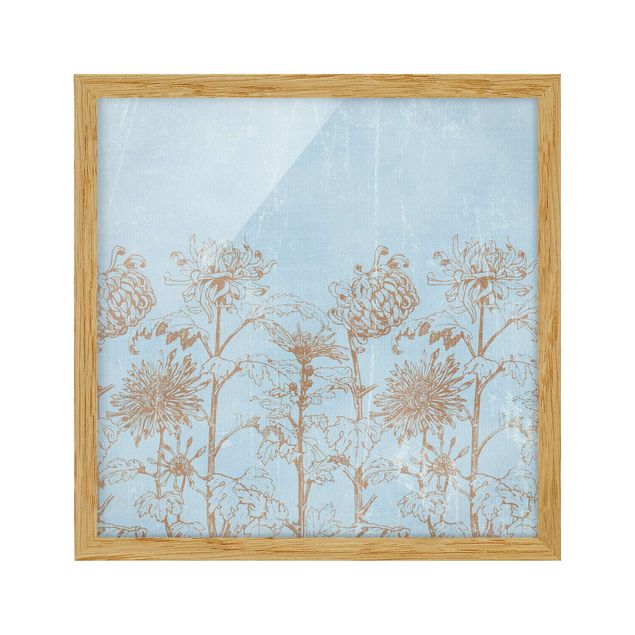 Flower pictures framed Etching In Blue