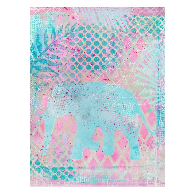 Art prints Colourful Collage - Elephant In Blue And Pink