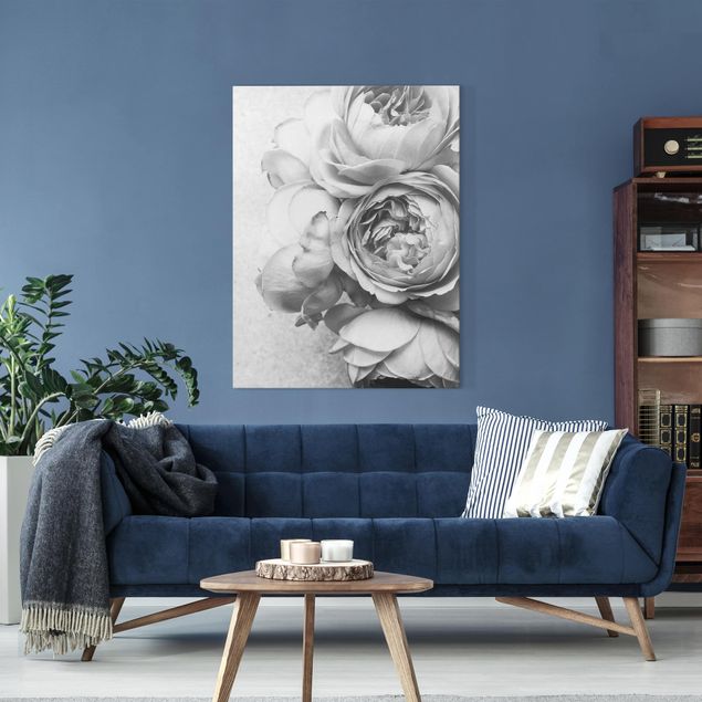 Red rose canvas Peony Flowers Black White
