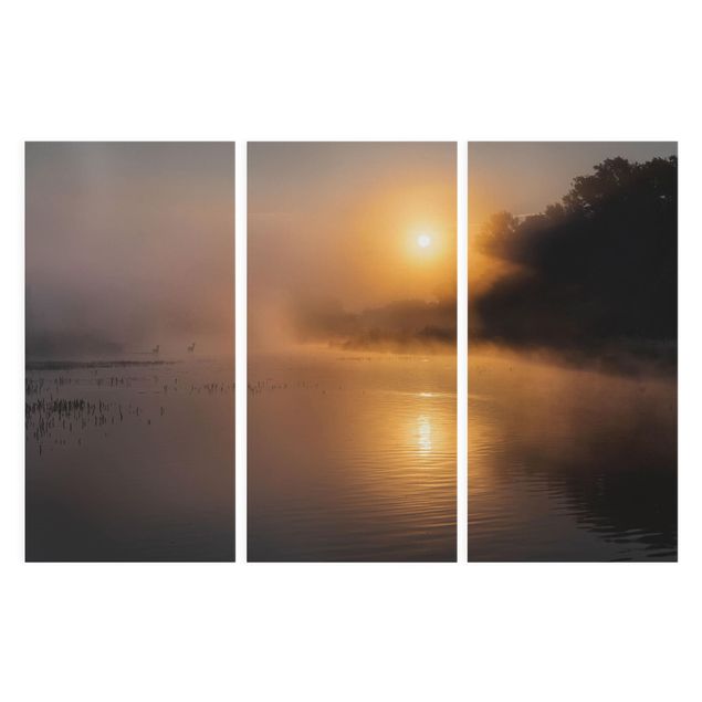 Canvas landscape Sunrise on the lake with deers in the fog