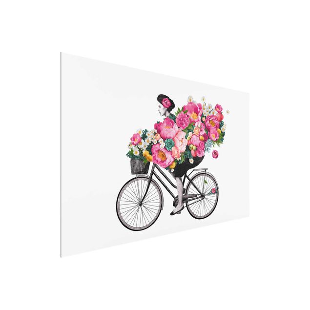 Canvas art Illustration Woman On Bicycle Collage Colourful Flowers