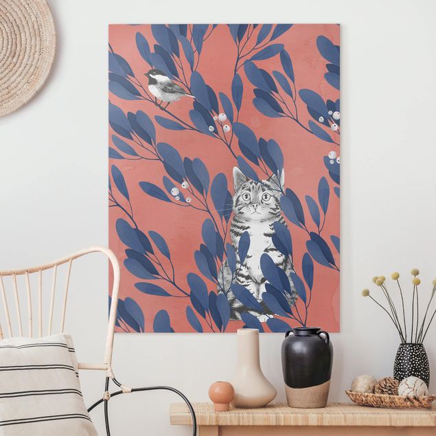 Prints animals Illustration Cat And Bird On Branch Blue Red