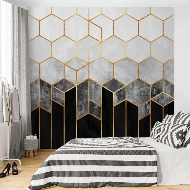 Modern wallpaper designs Golden Hexagons Black And White