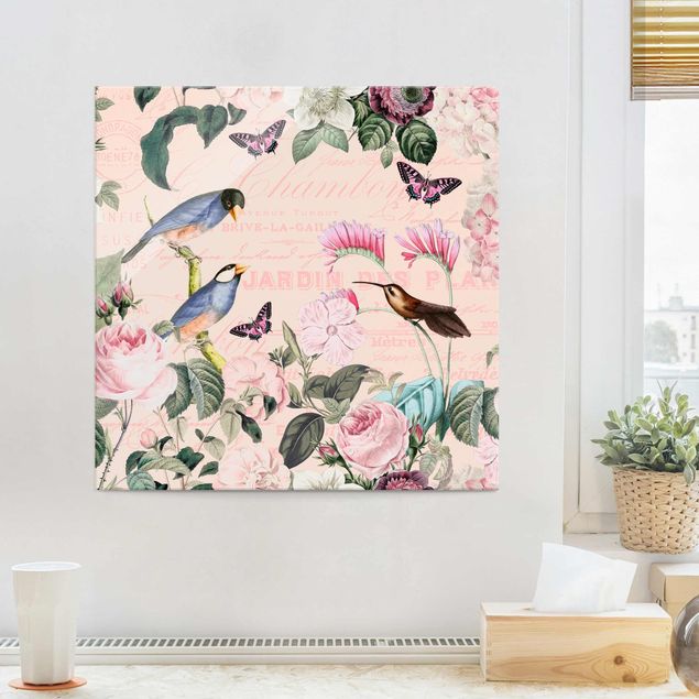 Glass prints rose Vintage Collage - Roses And Birds