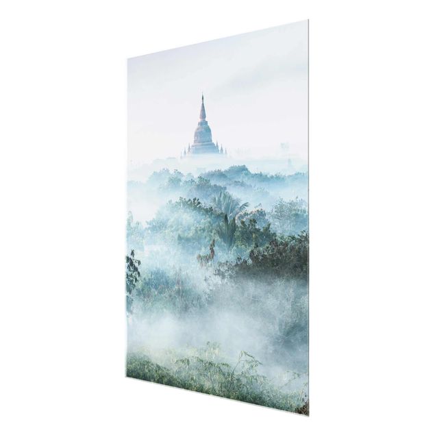 Glass prints architecture and skylines Morning Fog Over The Jungle Of Bagan