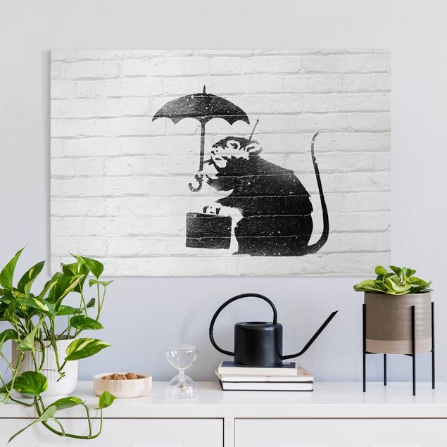 Wall art black and white Banksy - Rat With Umbrella