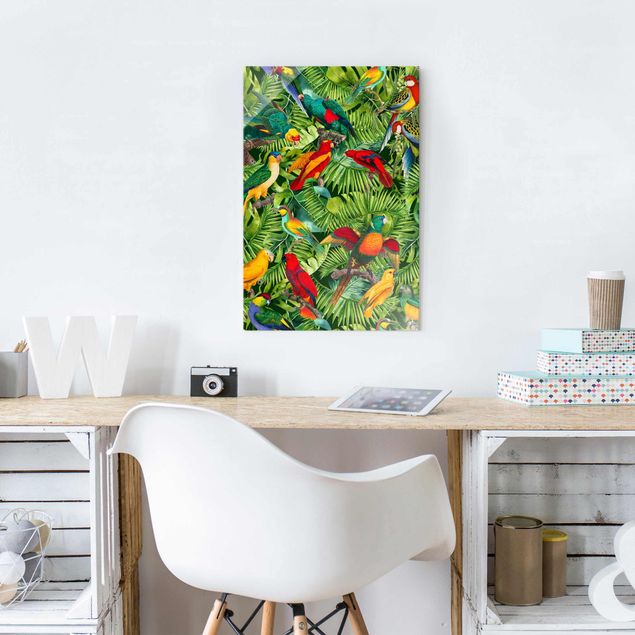 Glass prints flower Colourful Collage - Parrots In The Jungle