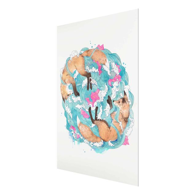 Wall art turquoise Illustration Foxes And Waves Painting