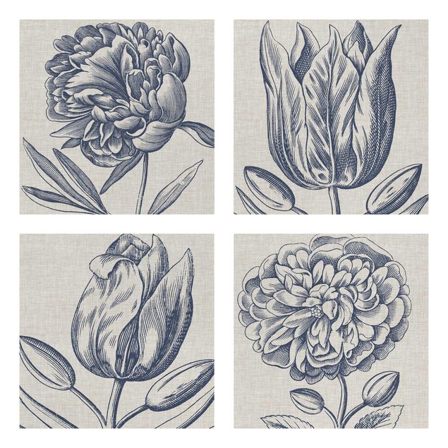 Prints modern Indigo Blossom On Linen Set II