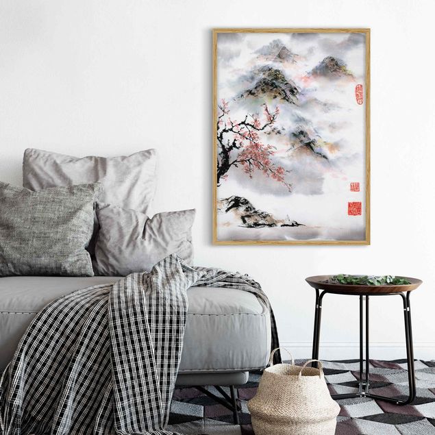 Mountain art prints Japanese Watercolour Drawing Cherry Tree And Mountains