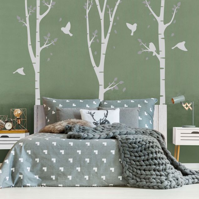Wall stickers trees Birch forest leaves birds gray