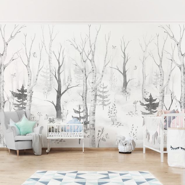 Wallpapers butterfly Birch forest with poppies black white