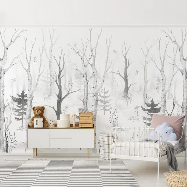 Wallpapers poppy Birch forest with poppies black white
