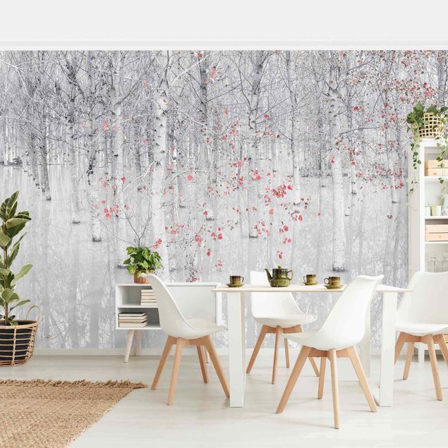 Contemporary wallpaper Birch Tree Forest With Light Pink Leaves