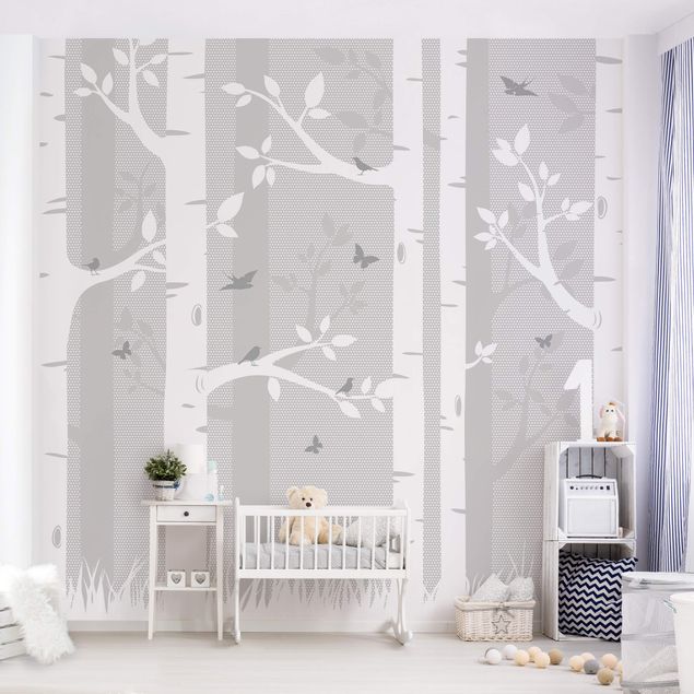 Contemporary wallpaper Birch Forest With Butterflies And Birds