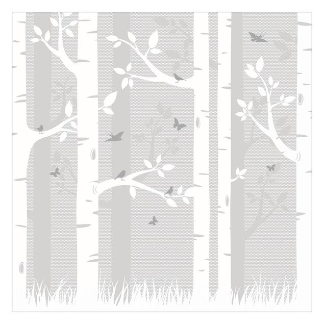 Gray wallpaper Birch Forest With Butterflies And Birds