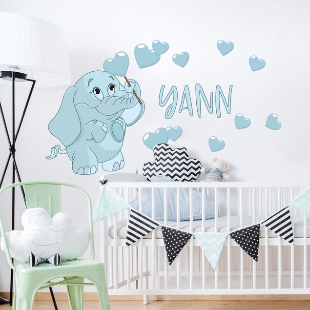 Wall decals quotes Blue baby elephant with many hearts