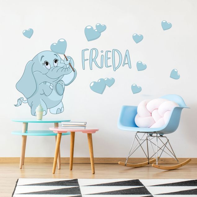 Wall stickers personalized-text Blue baby elephant with many hearts